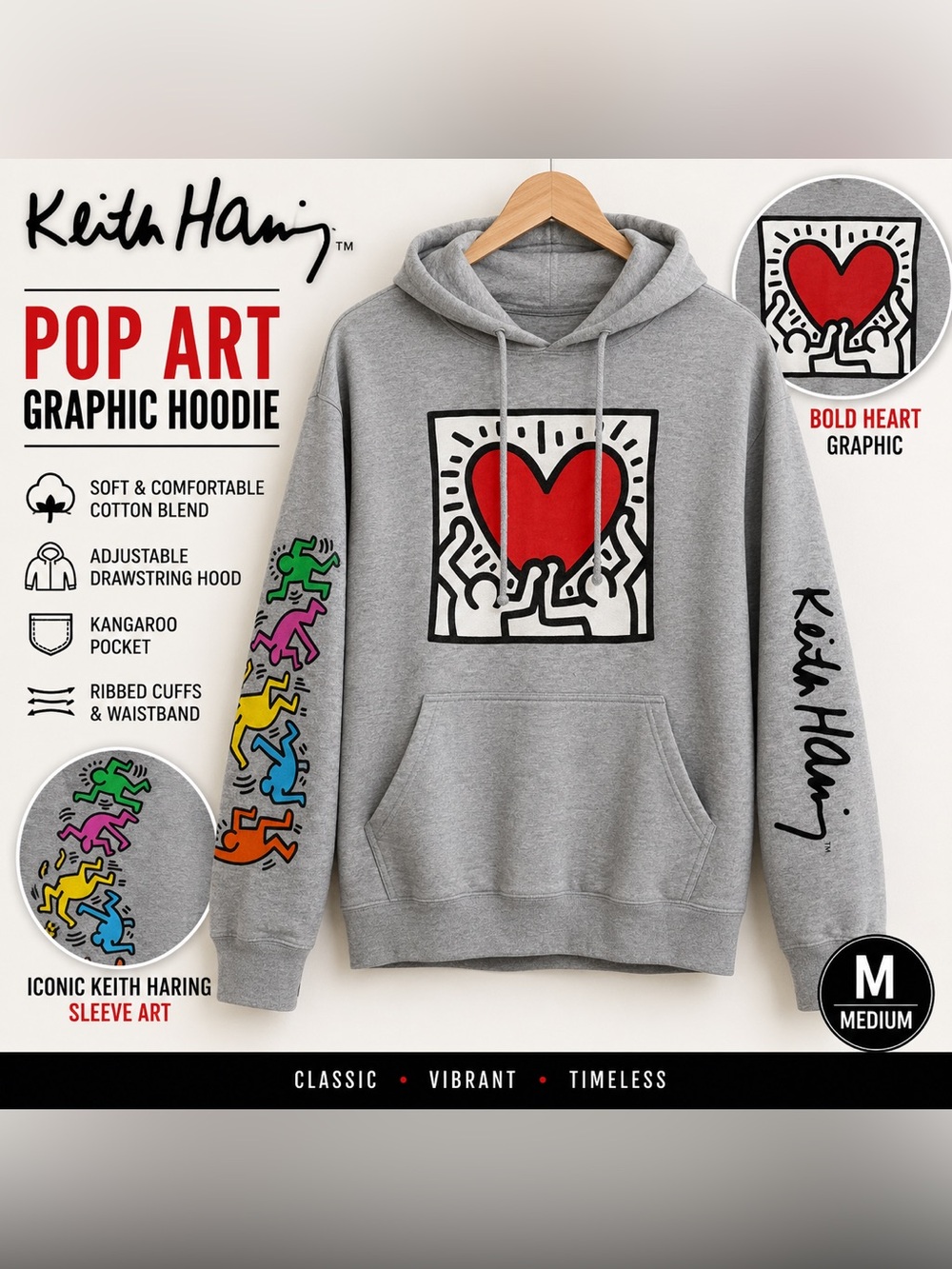Keith Haring Gray Heart Graphic Hoodie Men’s Medium Pop Art Pullover